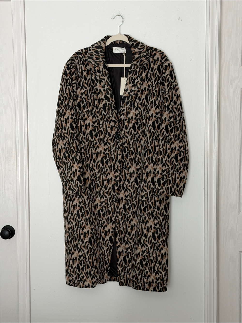 Z Supply Leopard Print Long Coat Black & Tan Car Coat Medium